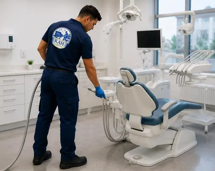 Technicien KAH Services désinfectant un cabinet dentaire à Genève